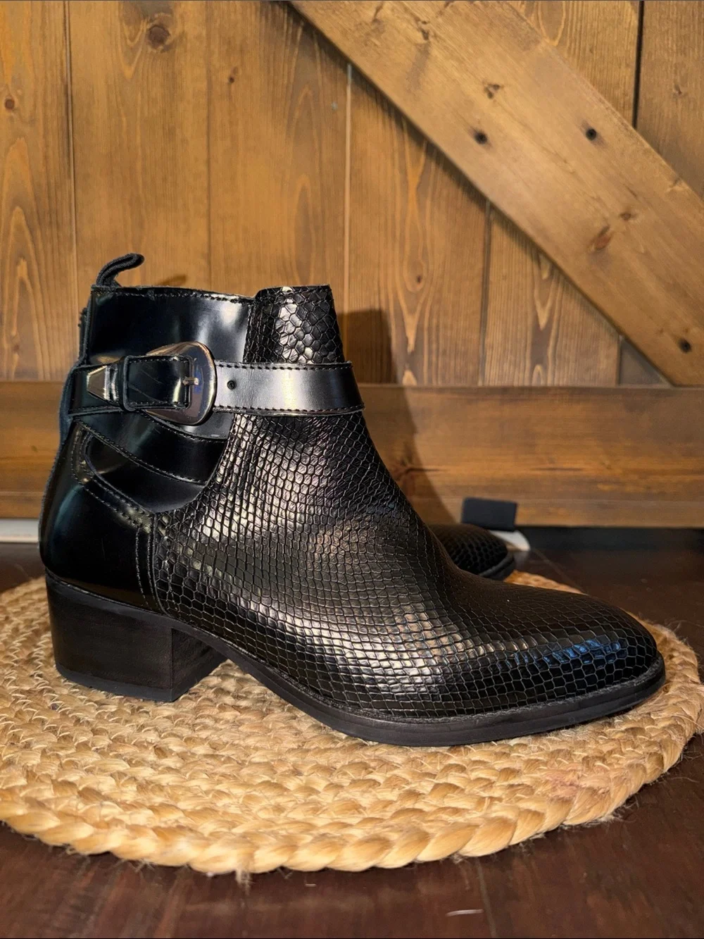 H by Hudson Black Embossed Leather Ankle Boot with Buckle size 40